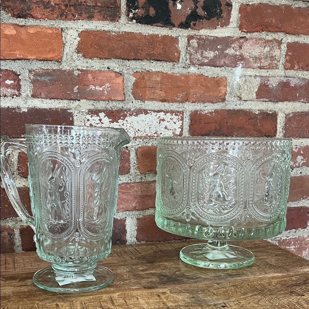 Glass truffle, Easter Bowl and Matching Pitcher - Clear Green Glass
